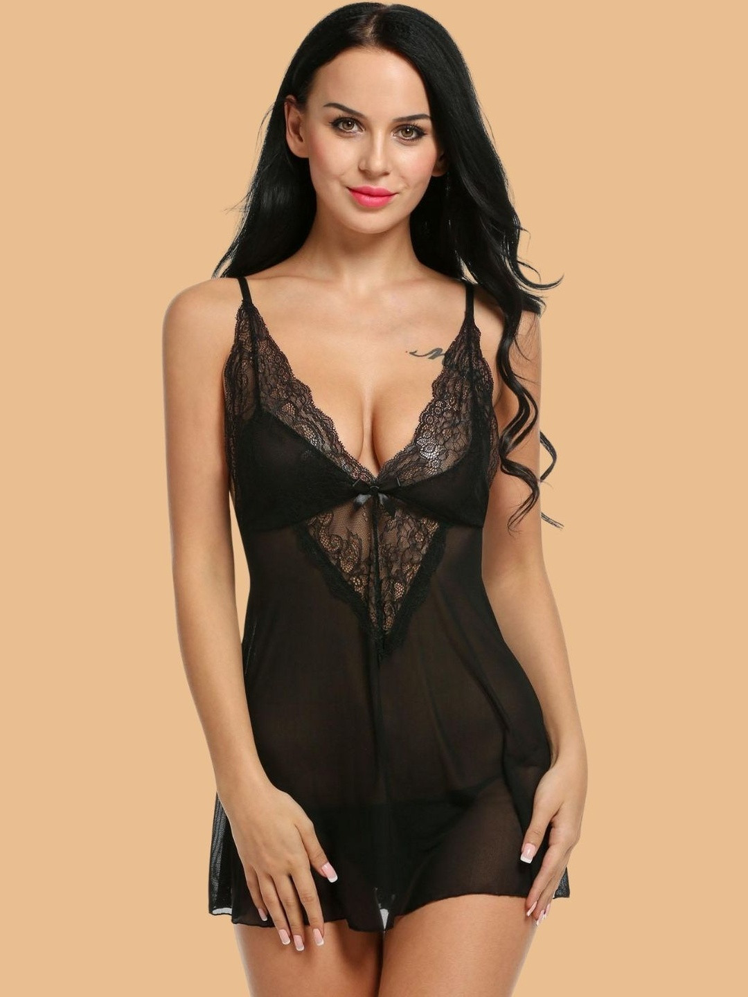 ZERJAMA Women Lace Sheer Mesh Babydoll with Matching Panty