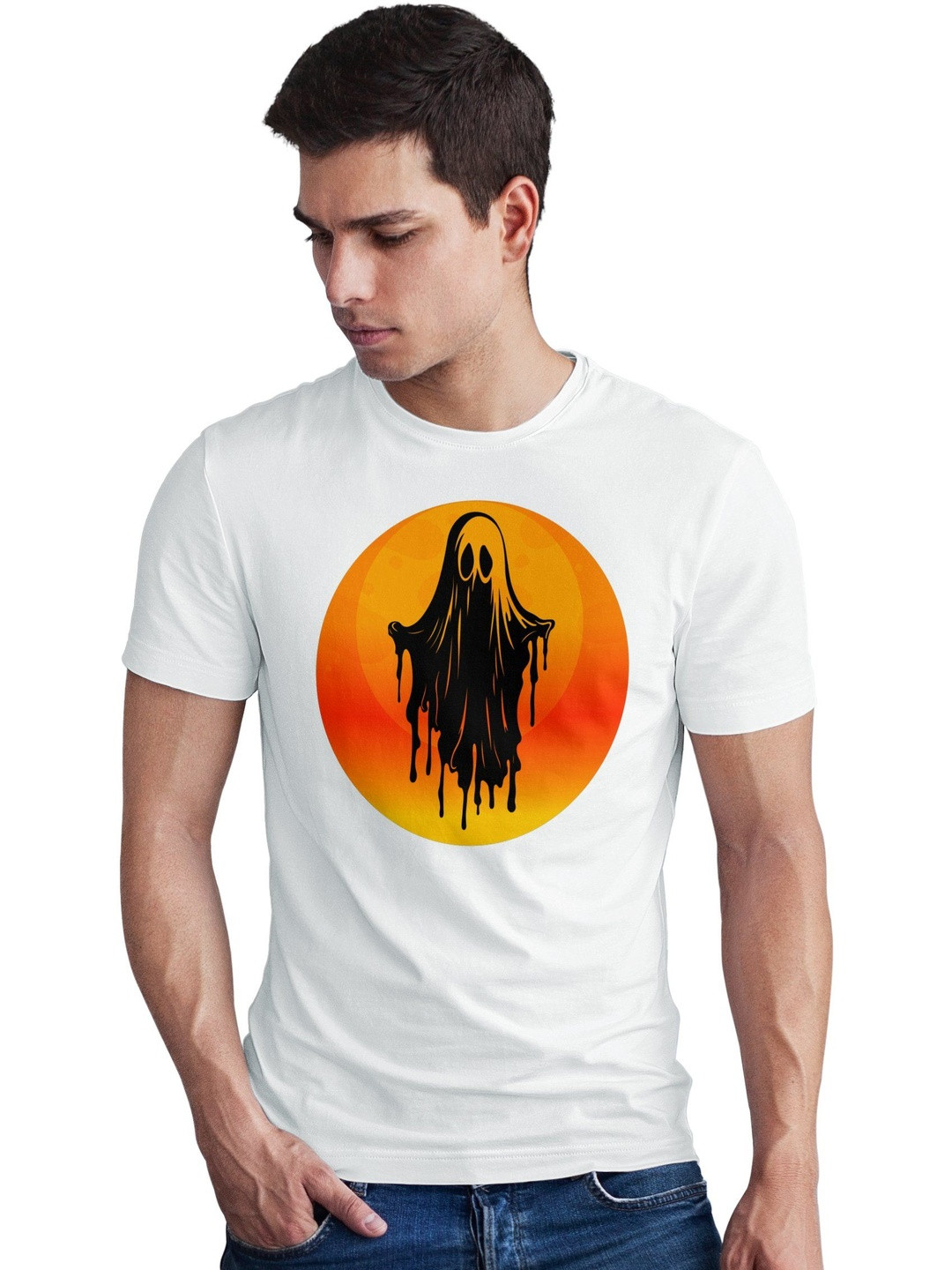 Seekbuylove Men Spooky Ghost Printed Cotton Bio Finish T-shirt