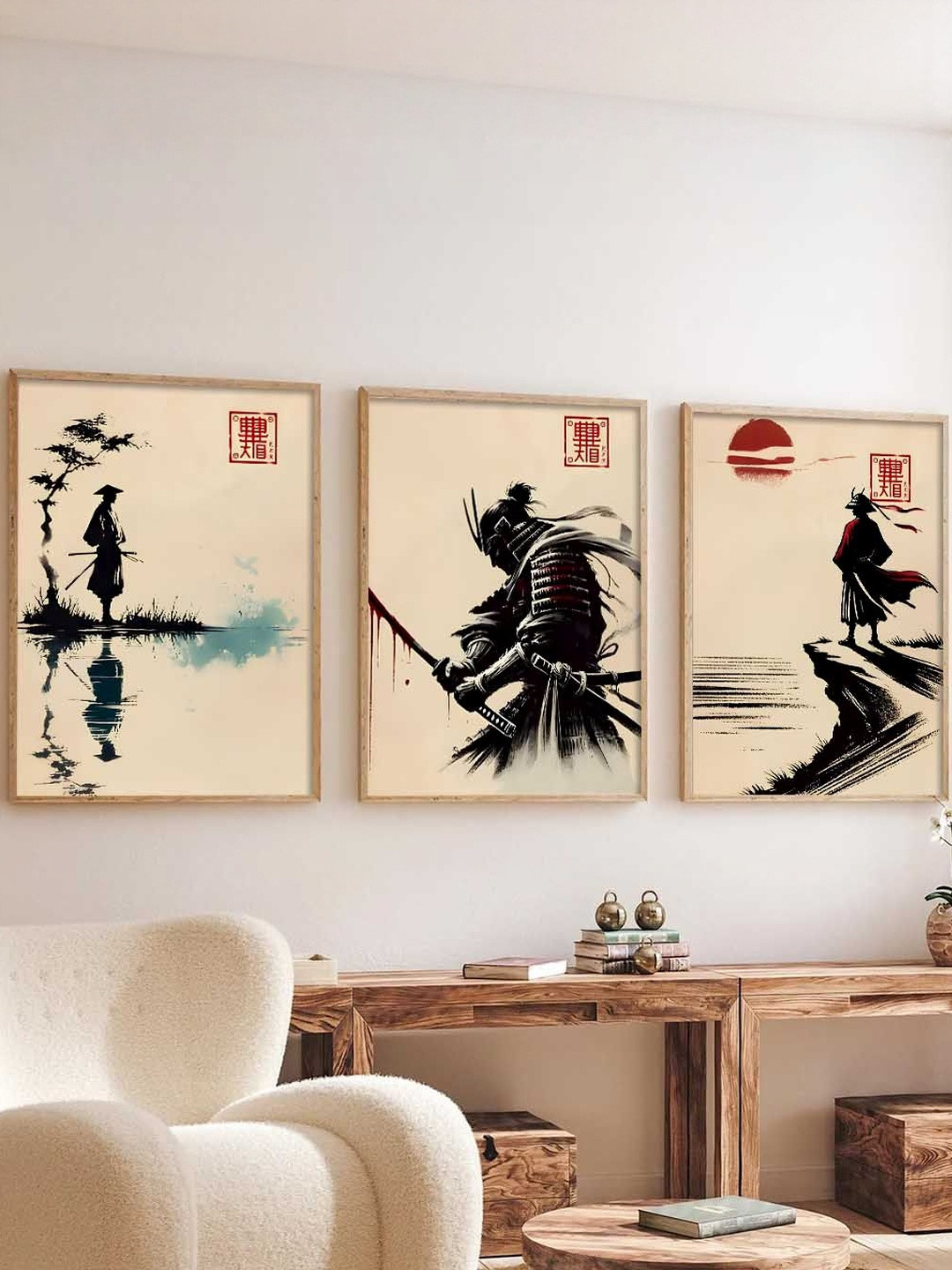 Kotart Brown & Black 3 Pieces Samurai Printed Wooden Wall Arts