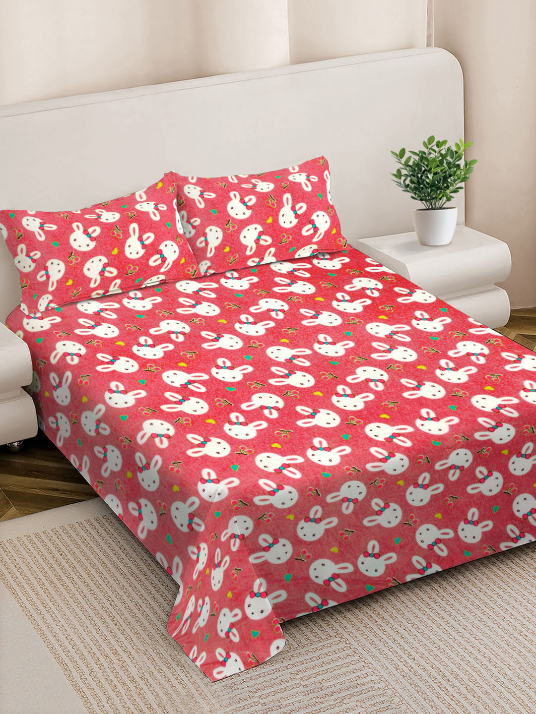 FABINALIV Orange Cartoon Characters 300 TC King Bedsheet with 2 Pillow Covers 250X225 cm
