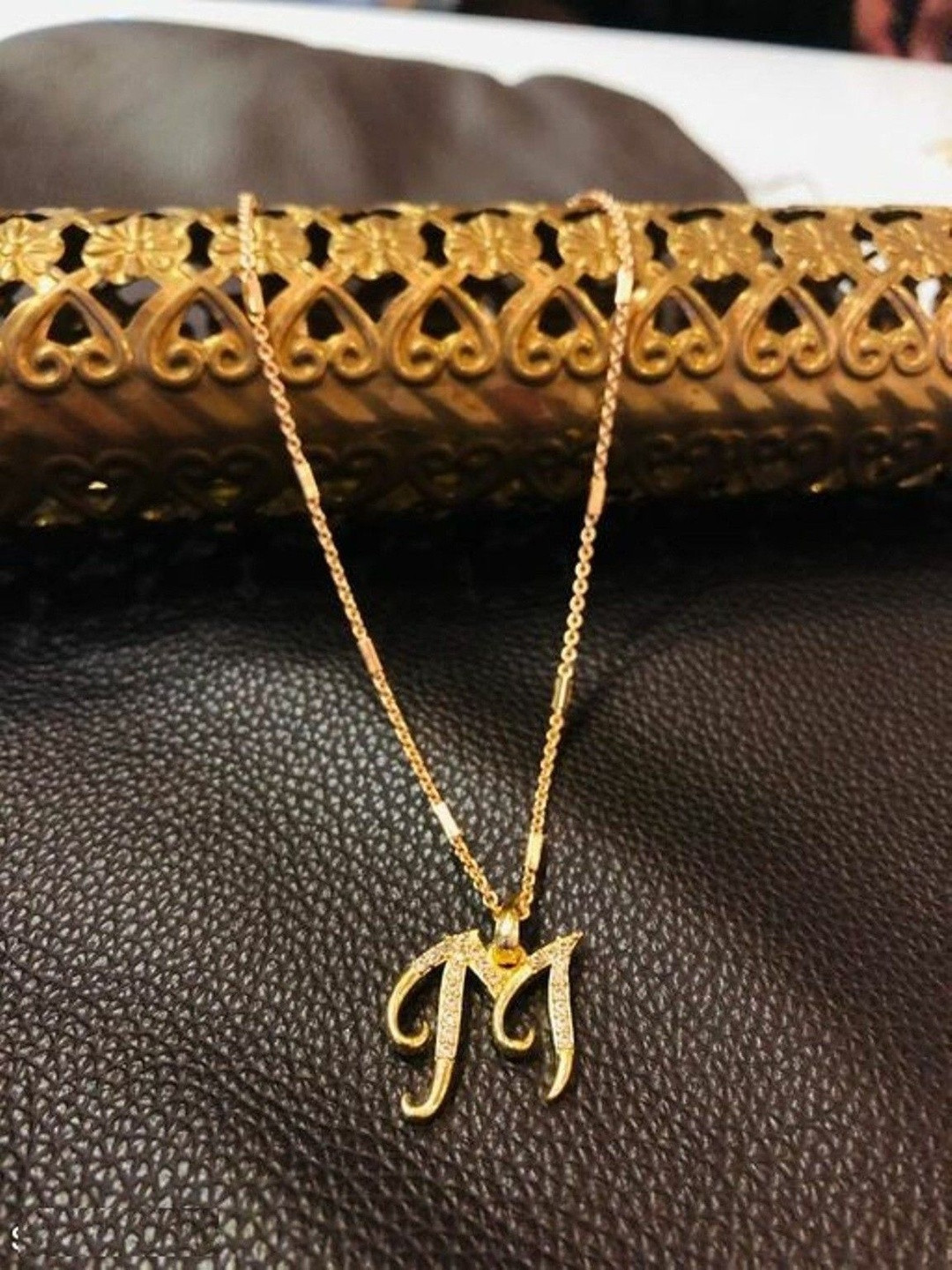 Laksh Enterprise Artificial Stones Studded M Alphabet Pendant With Chain