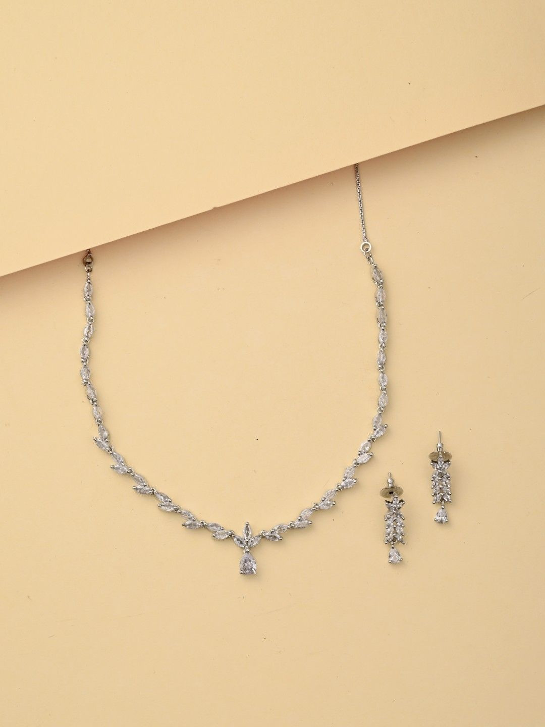 Anvik Rhodium-Plated American Diamond Stone-Studded Necklace With Earrings