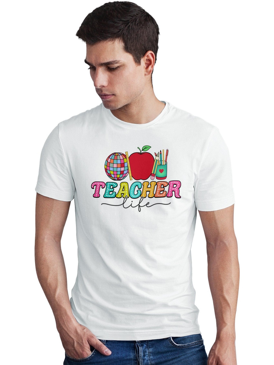 Seekbuylove Men Teacher Life Printed Round Neck Short Sleeves Bio Finish Cotton T-shirt