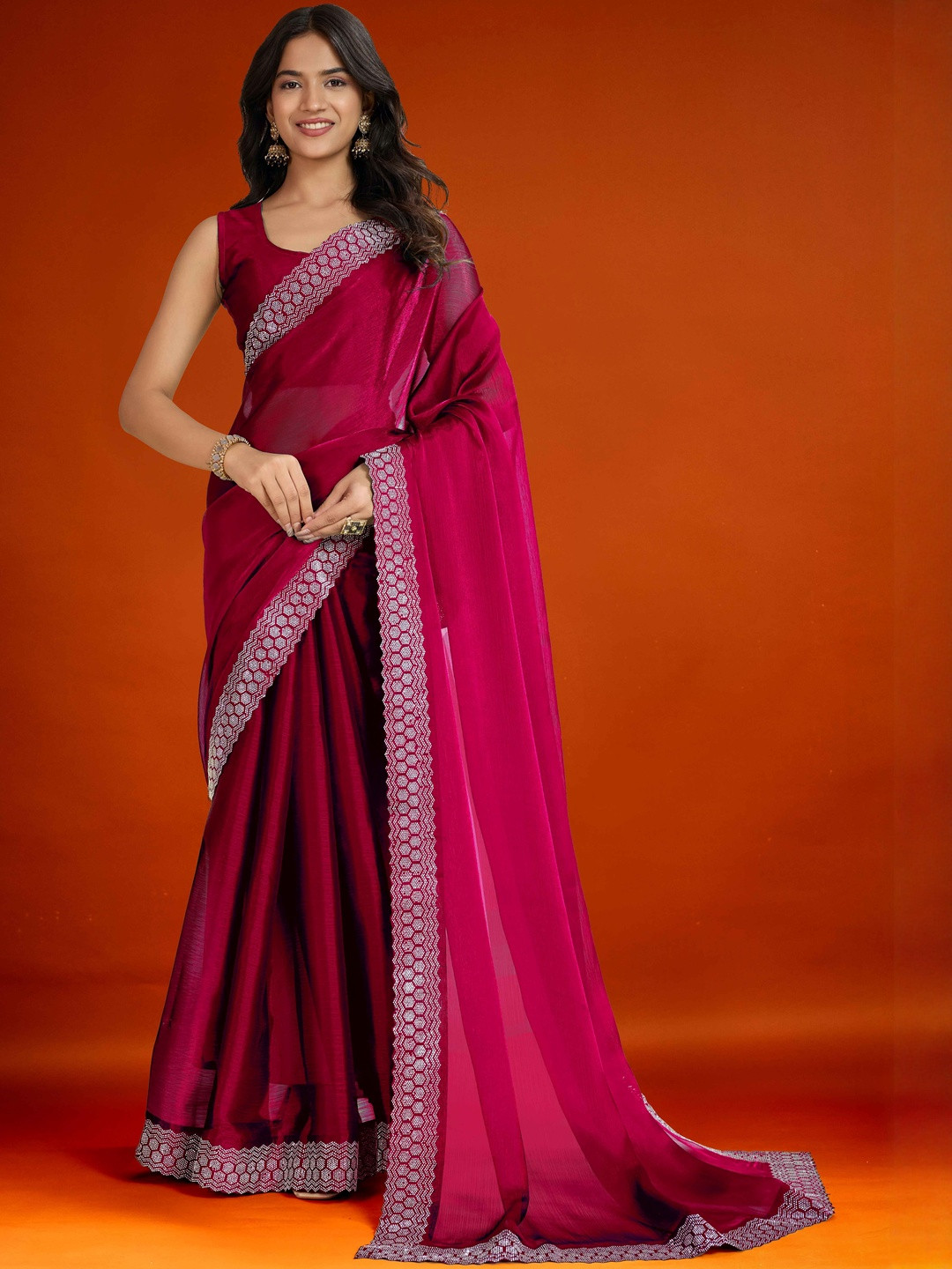 MEAVEN FEB Embellished Barbie Blush Jimmy Choo Stone Work Saree with Designer Border