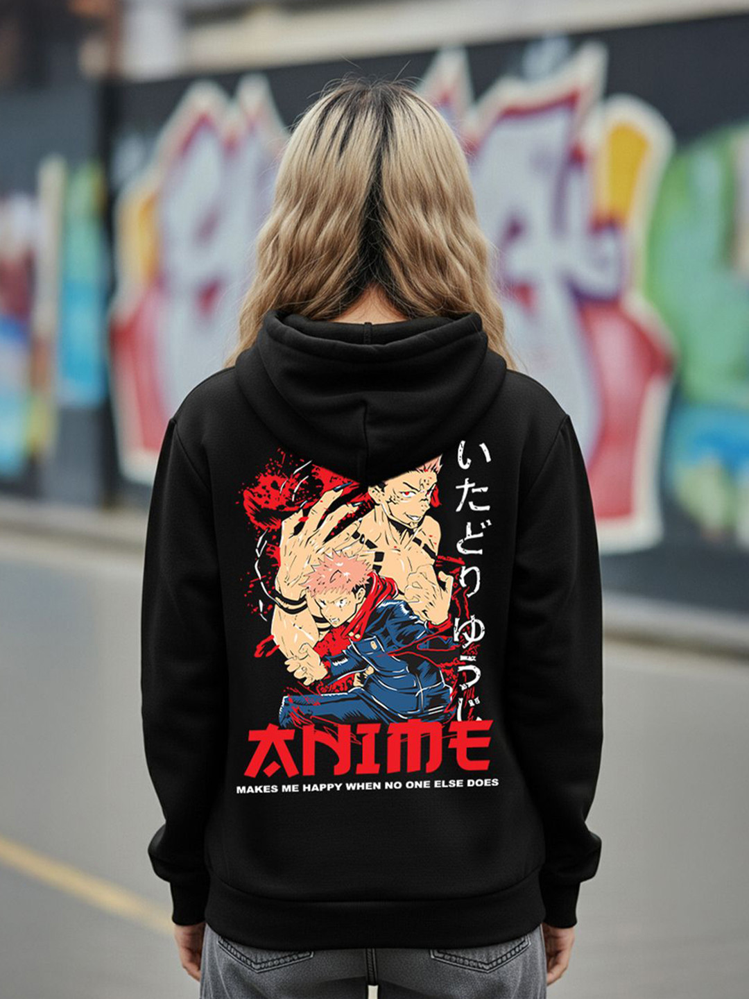 Anime Typography Hooded Long Sleeve Sweatshirt