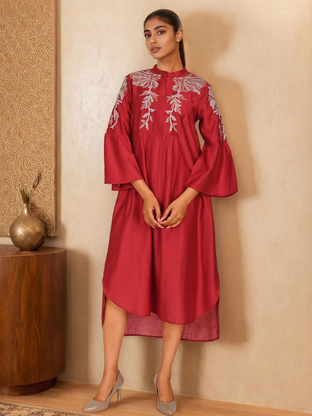 Dora Dori Women Floral Embroidered Bell Sleeve A-Line Midi Dress