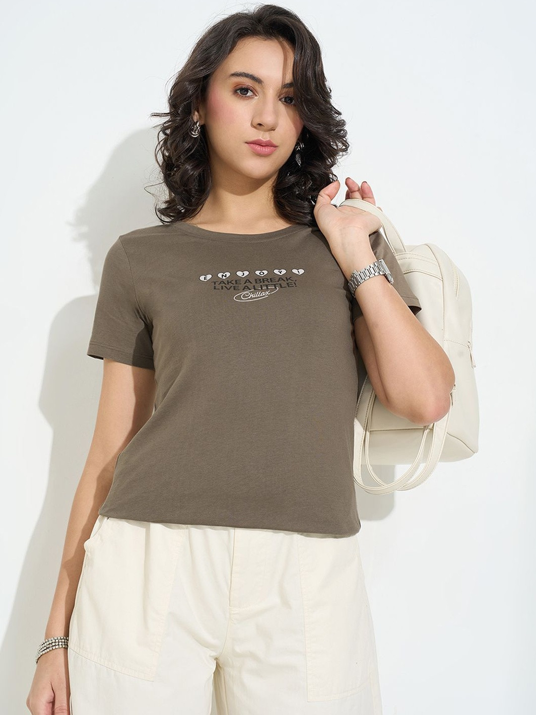 Honey by Pantaloons Women Typography Printed Round Neck Short Sleeve Pure Cotton Crop Top
