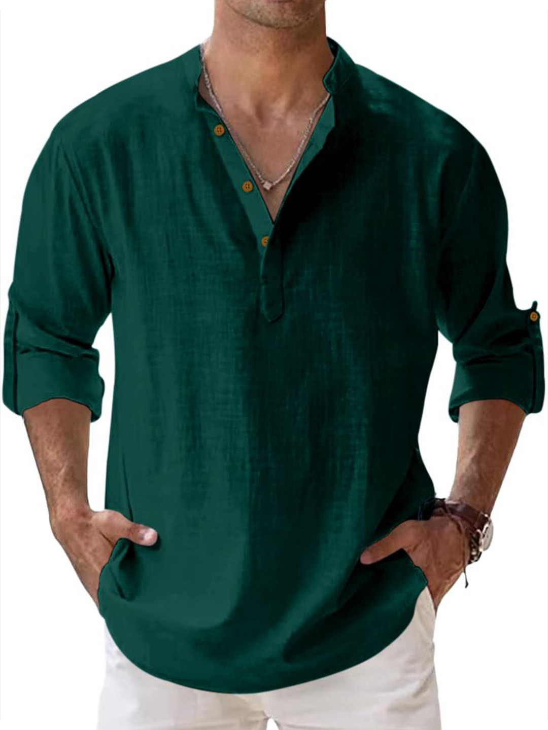ZELINCO Kurta Mandarin Collar Roll-Up Sleeves Cotton Straight Kurta