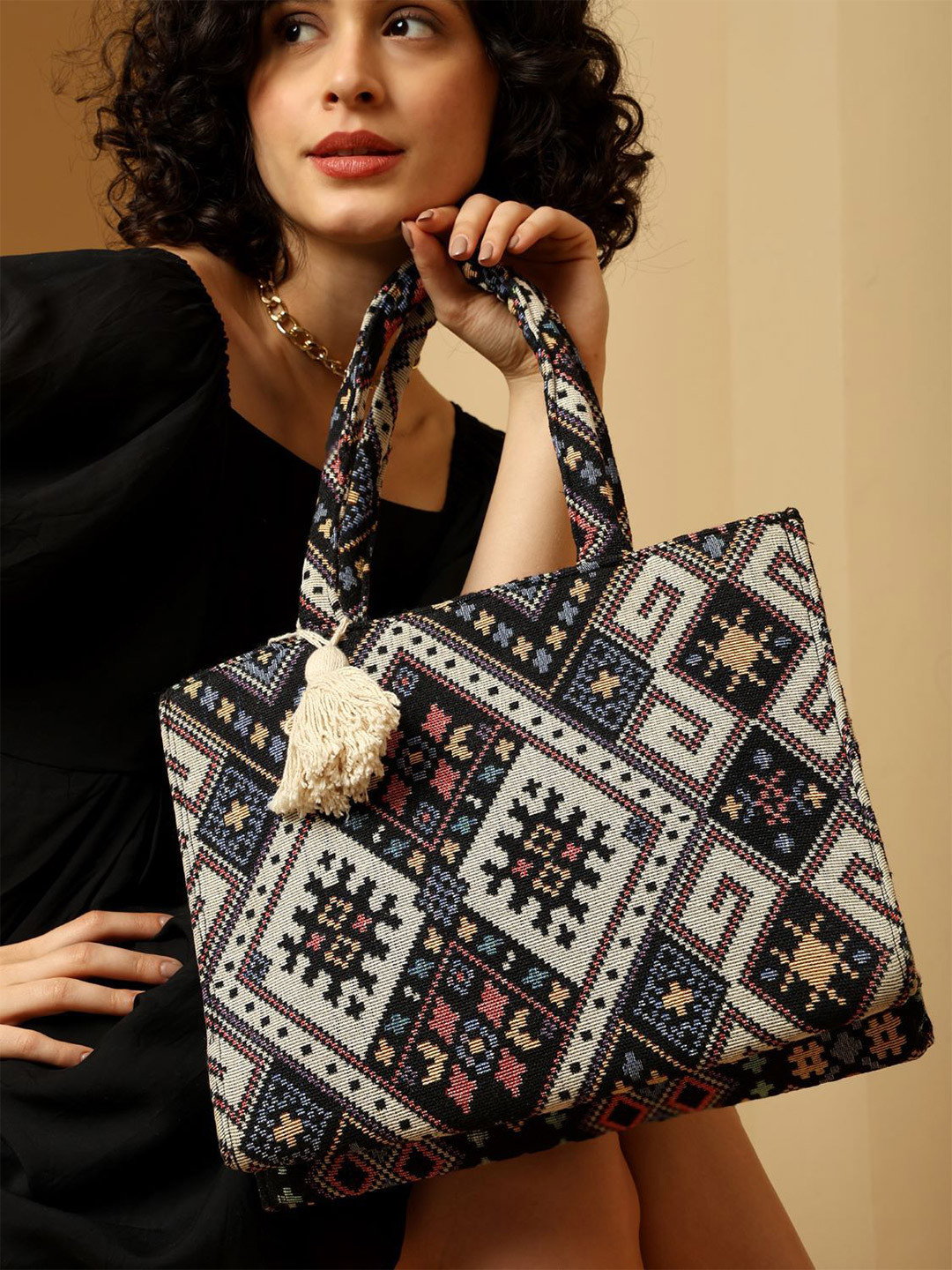 ENSAC Blue & Black Solid Shopper Detachable Sling Strap Embellished Tote Bag