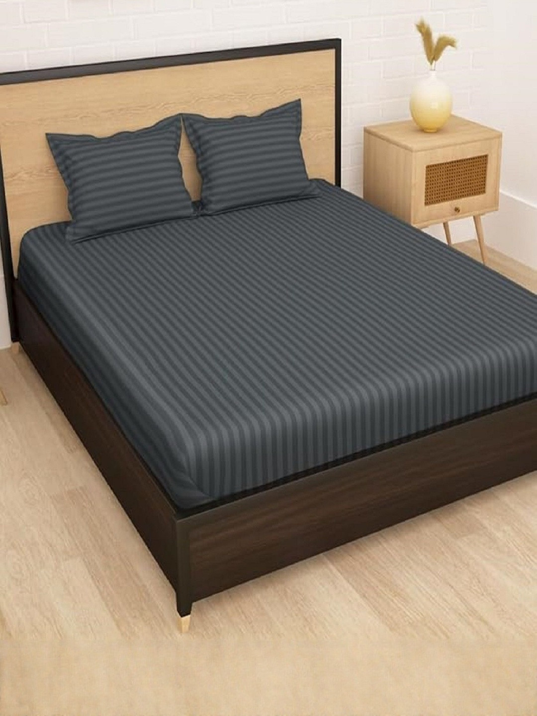 A Next Step Grey 240 TC Striped King Bedsheet with 2 Pillow Covers 274x274 cm