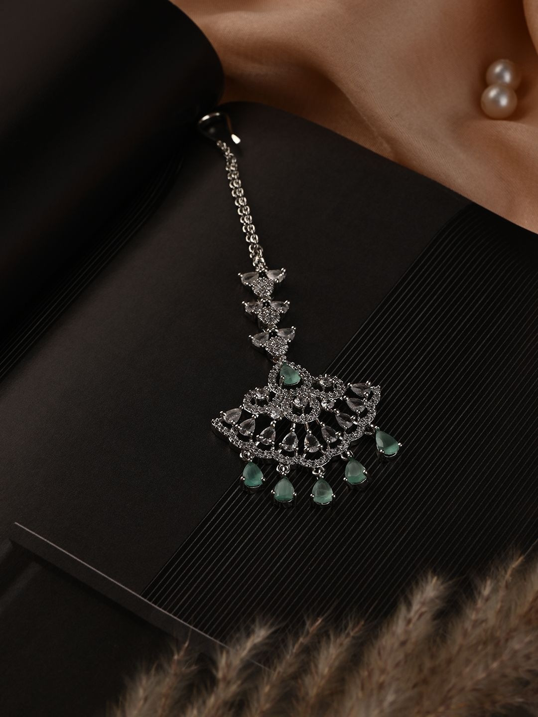 PATOLA BY VJ Women Silver-Plated American Diamond Maang Tikka Head Jewellery