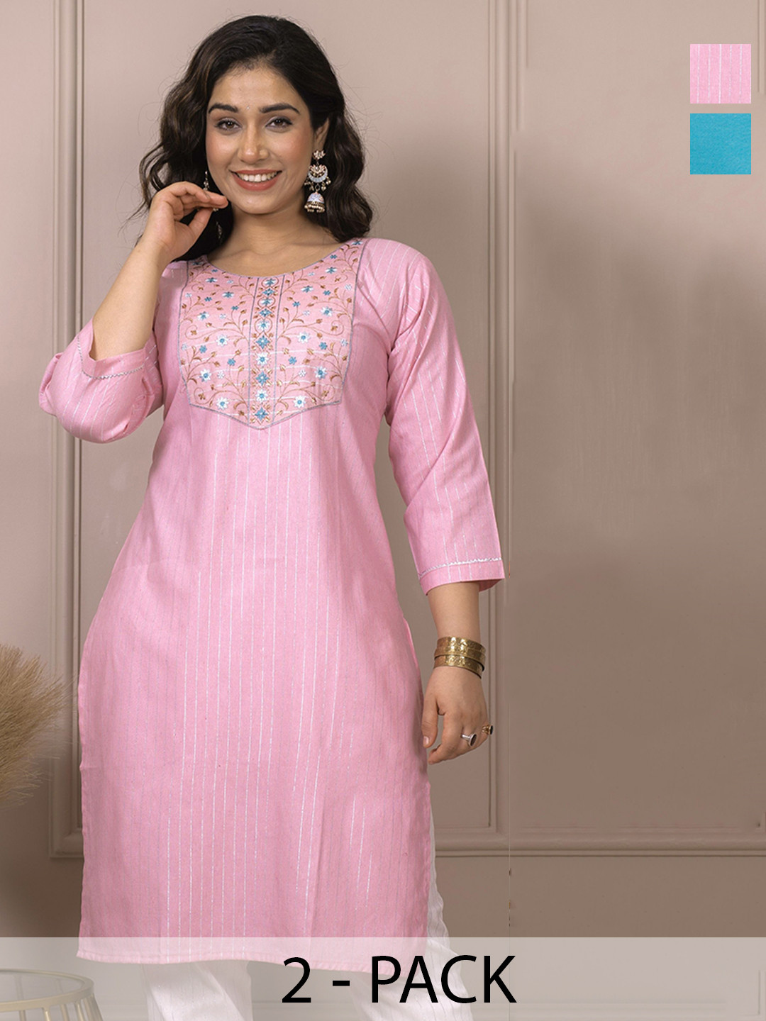 Auzanoor Collection Women Pack of 2 Embroidered Design Thread Work Kurta