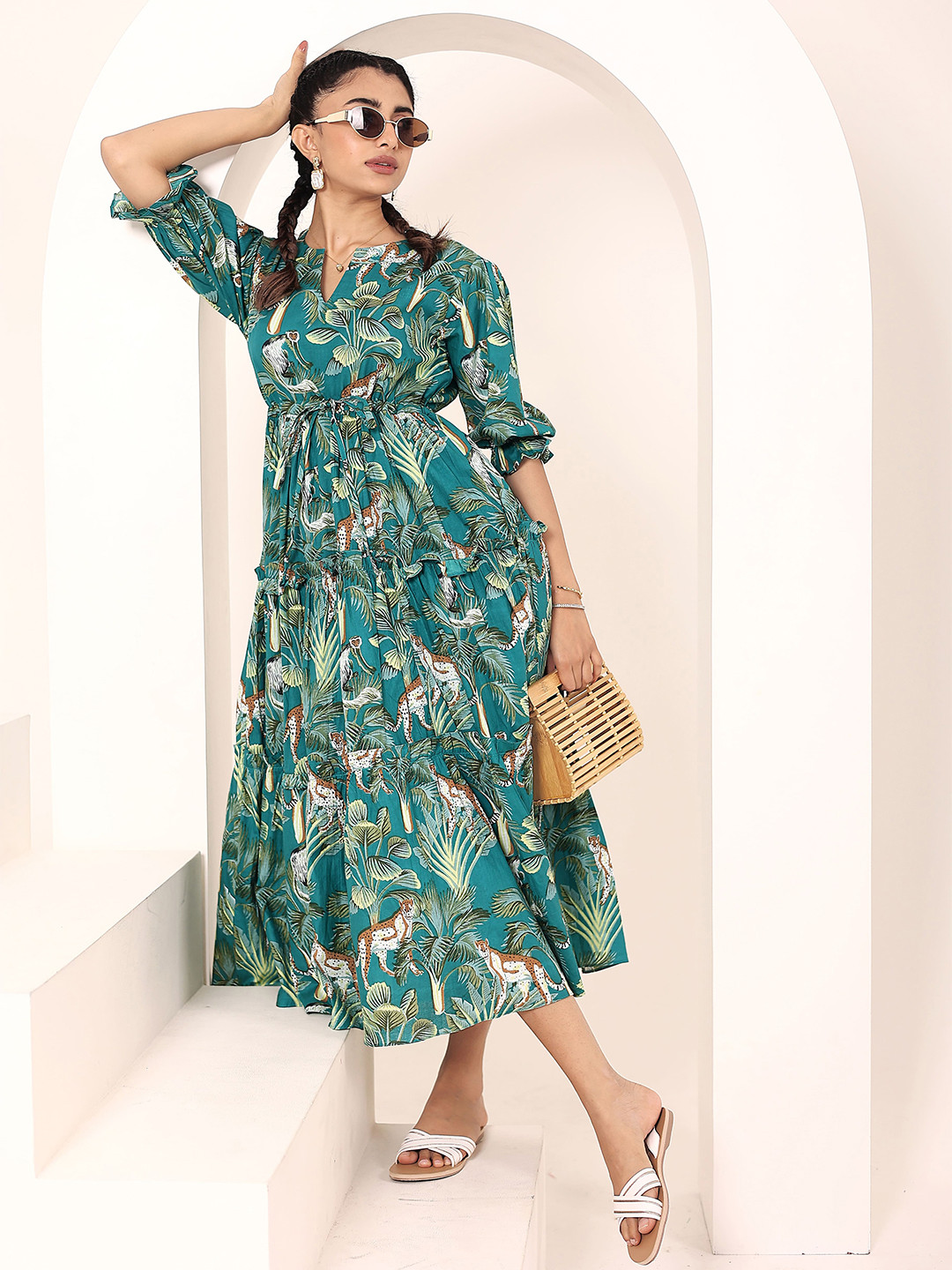KAORI BY SHREYA AGARWAL Teal Tropical Printed Drawstring Dress with Pockets