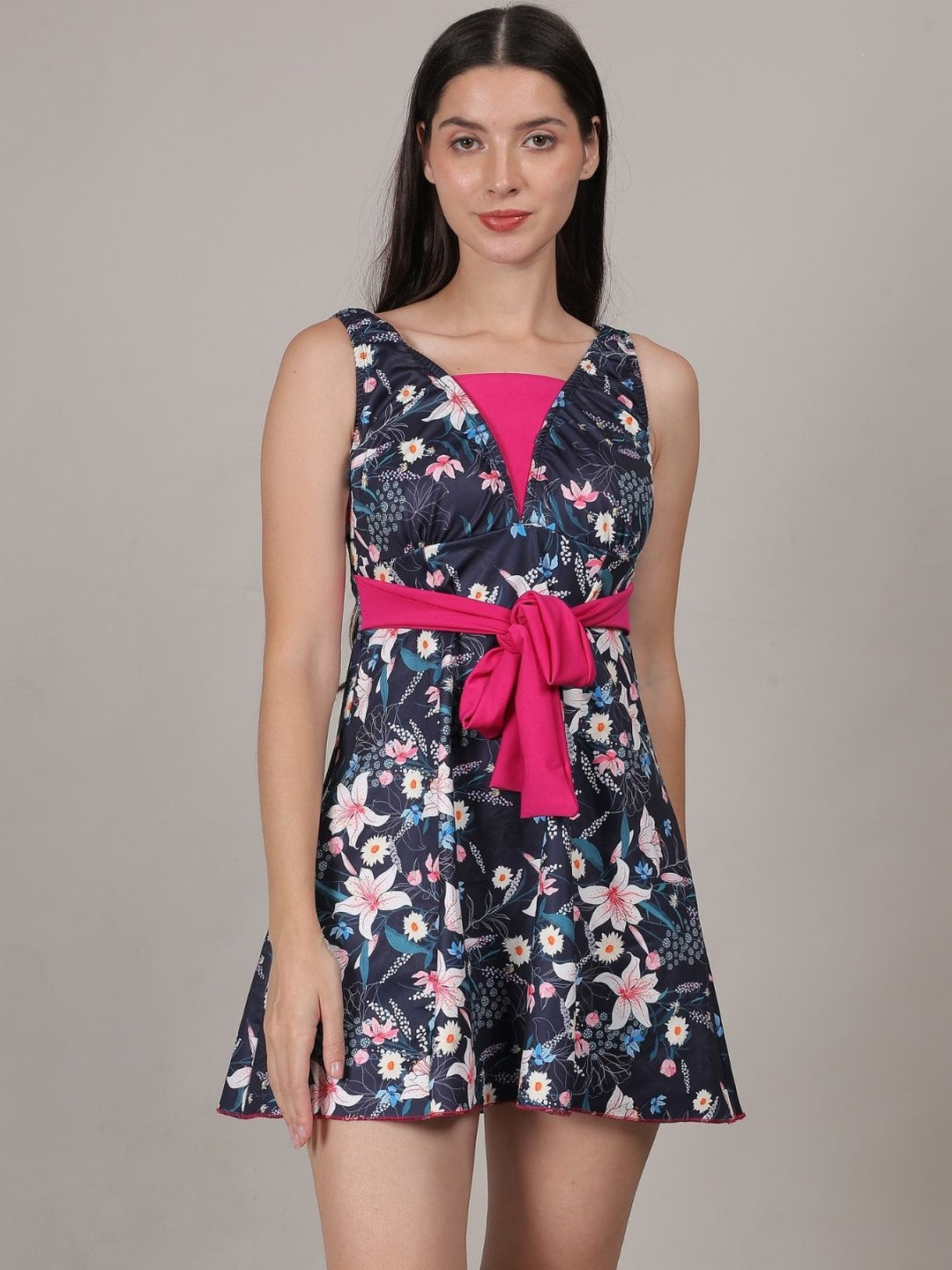 MEGASKA Floral Printed V-Neck Full Coverage Swimming Dress