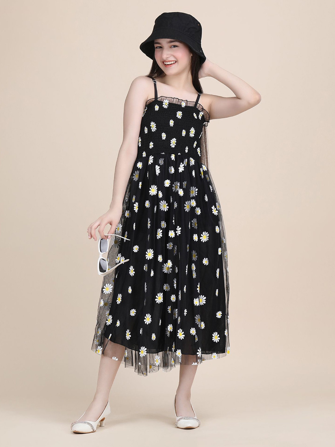 DEKLOOK Girls Black Printed Crepe Sleeveless  Fit & Flare Midi Dress