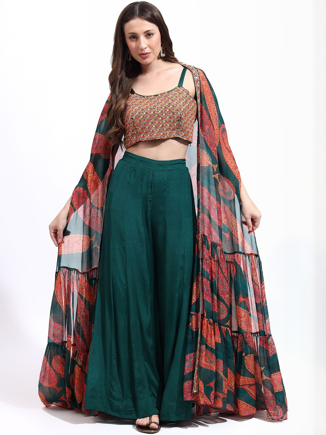 QAIYNAT Embroidered Shoulder Starps Top & Jacket With Palazzos Co-Ords