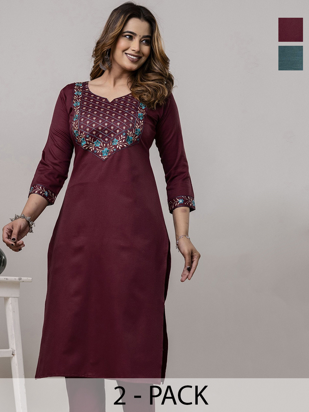 Auzanoor Collection Women Pack of 2 Embroidered Design Thread Work Kurta