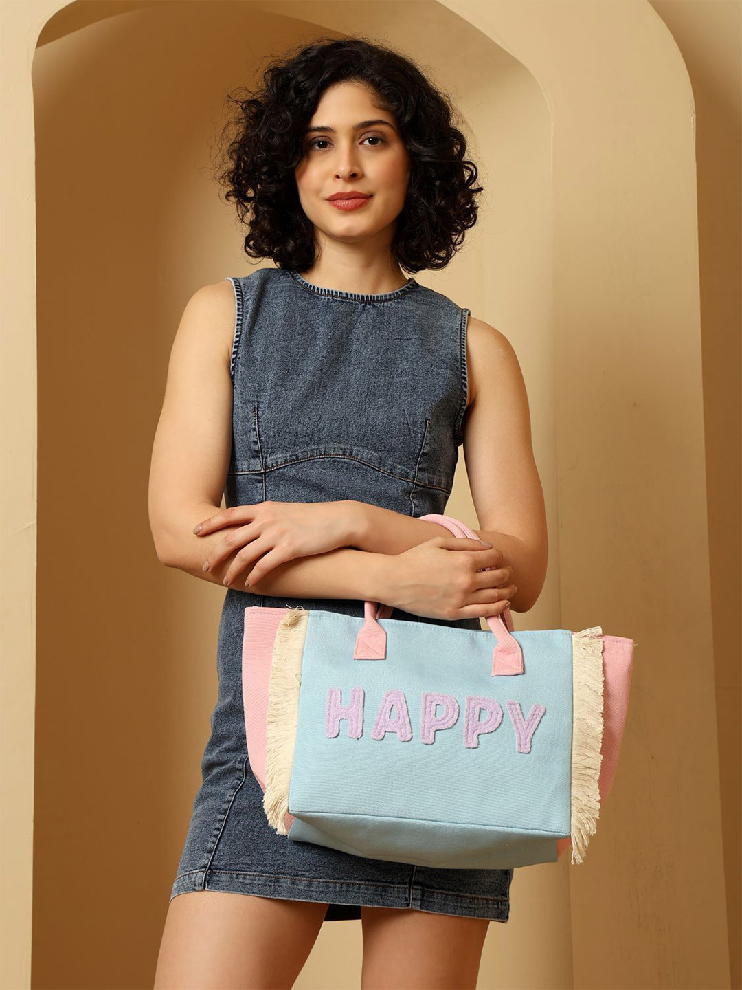 ENSAC Blue & Pink Solid Graphic Printed Applique Handheld Bag