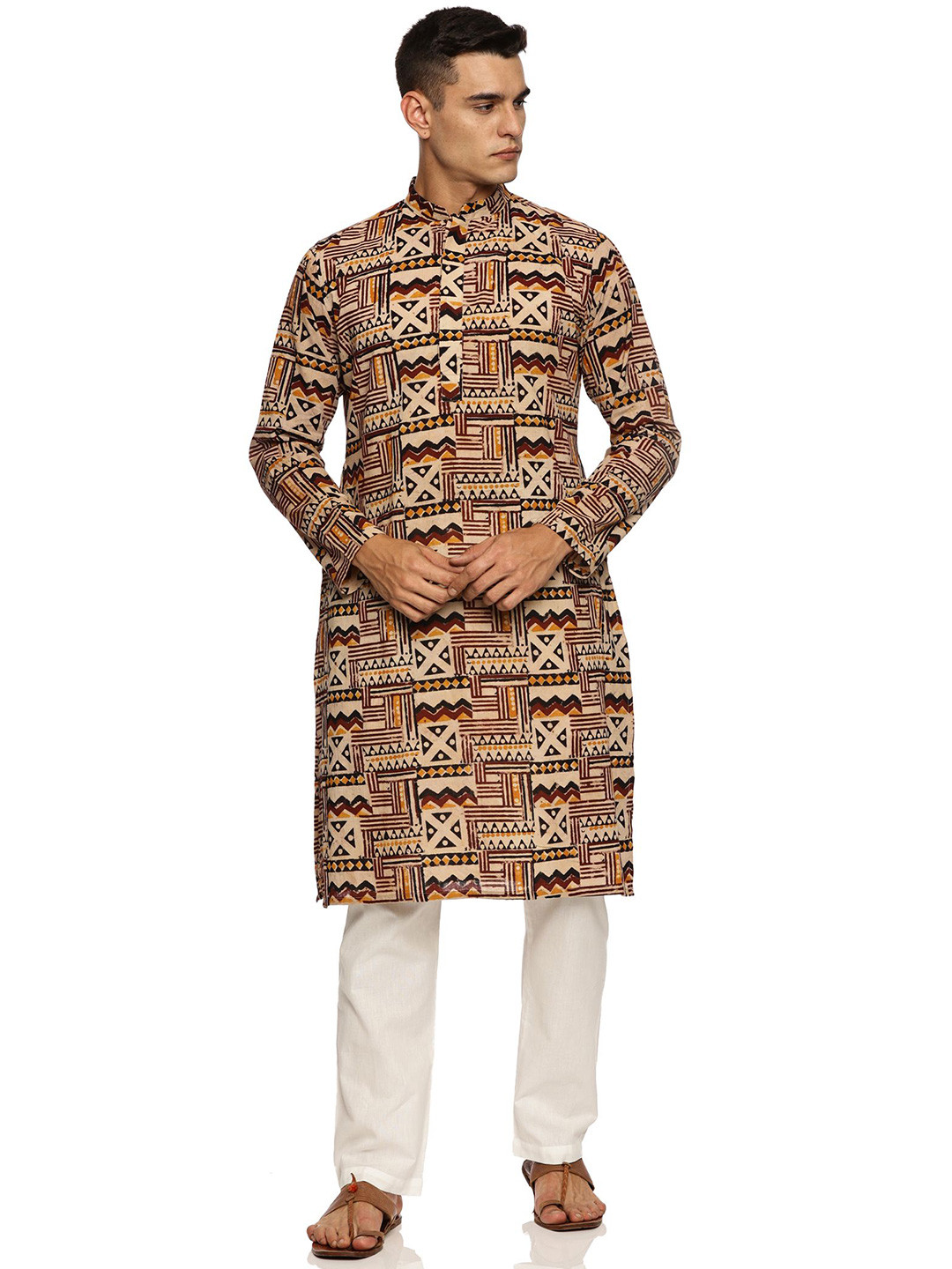 KuJee Men Ethnic Motifs Printed Thread Work Dobby Pathani Kurta