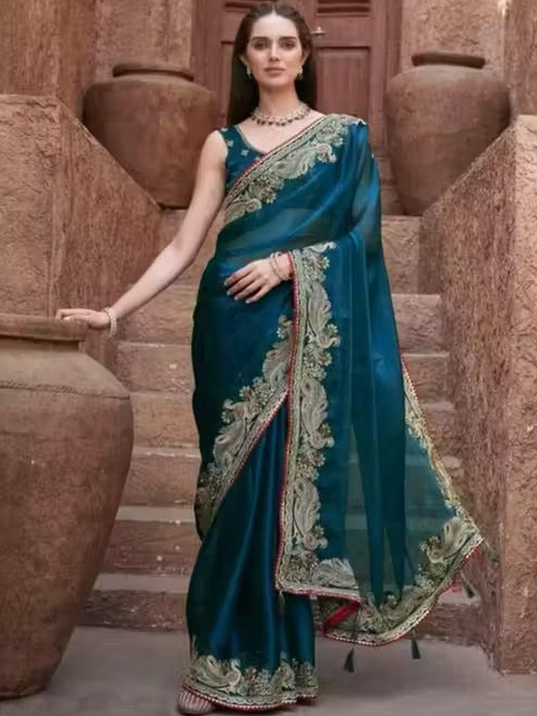 ROFOLO Ethnic Motifs Embroidered Satin Saree  With Unstitched Blouse