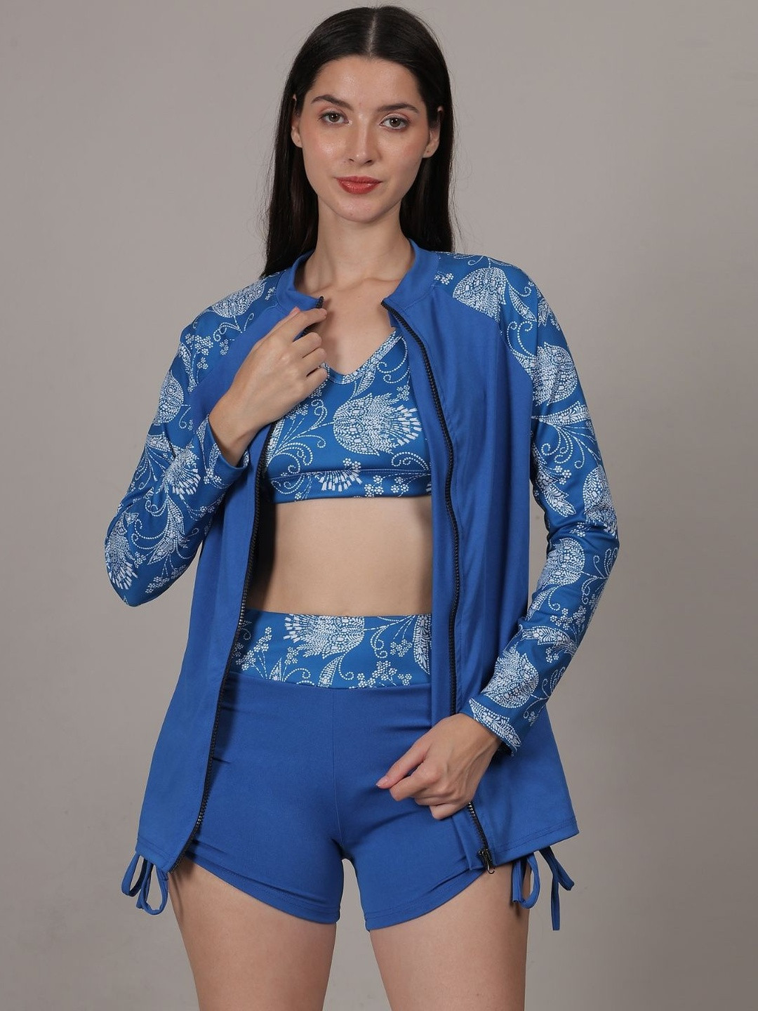 MEGASKA Women Ethnic Motifs Printed Full Coverage V-Neck Rash Guard Swim Set