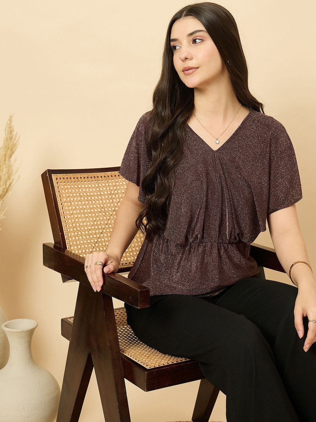 LE BOURGEOIS Women Embellished V-Neck Sequined Flared Sleeve Top