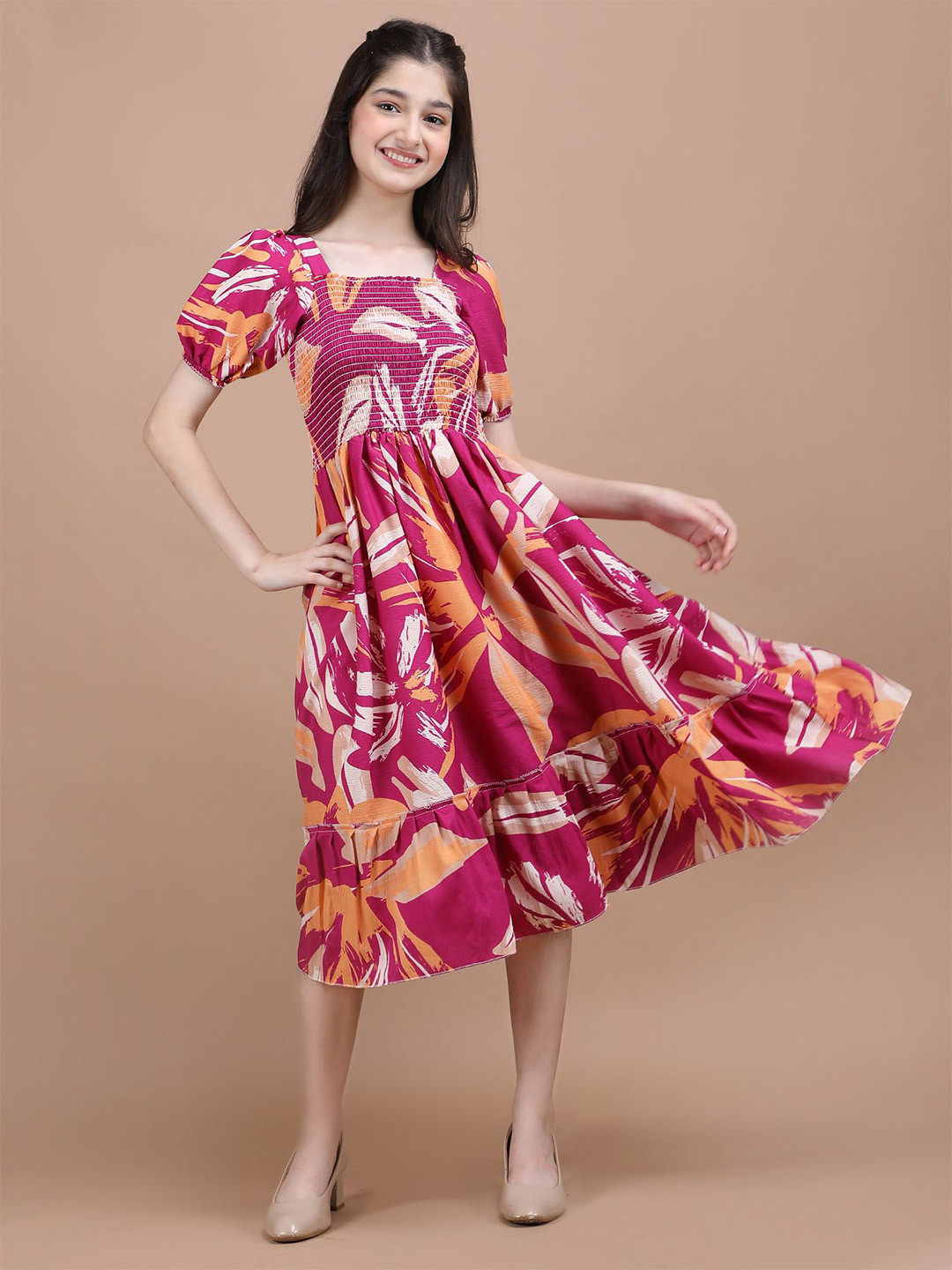 Pinly Girls Pink Floral Printed Fit & Flare Dress