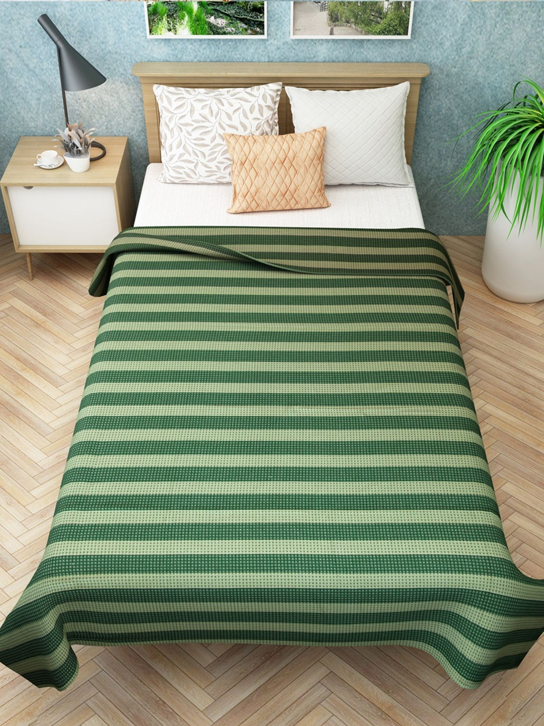 Athom Living Green Striped 180 TC Single Bedsheet 135x220 cm
