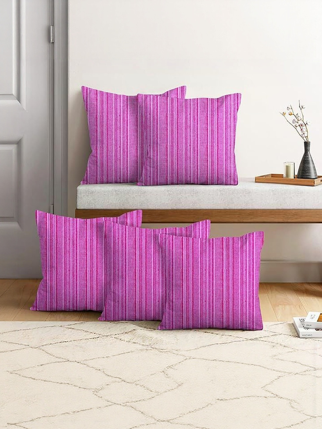 NISSI Pink Set of 5 Striped Cotton Square Cushion Covers