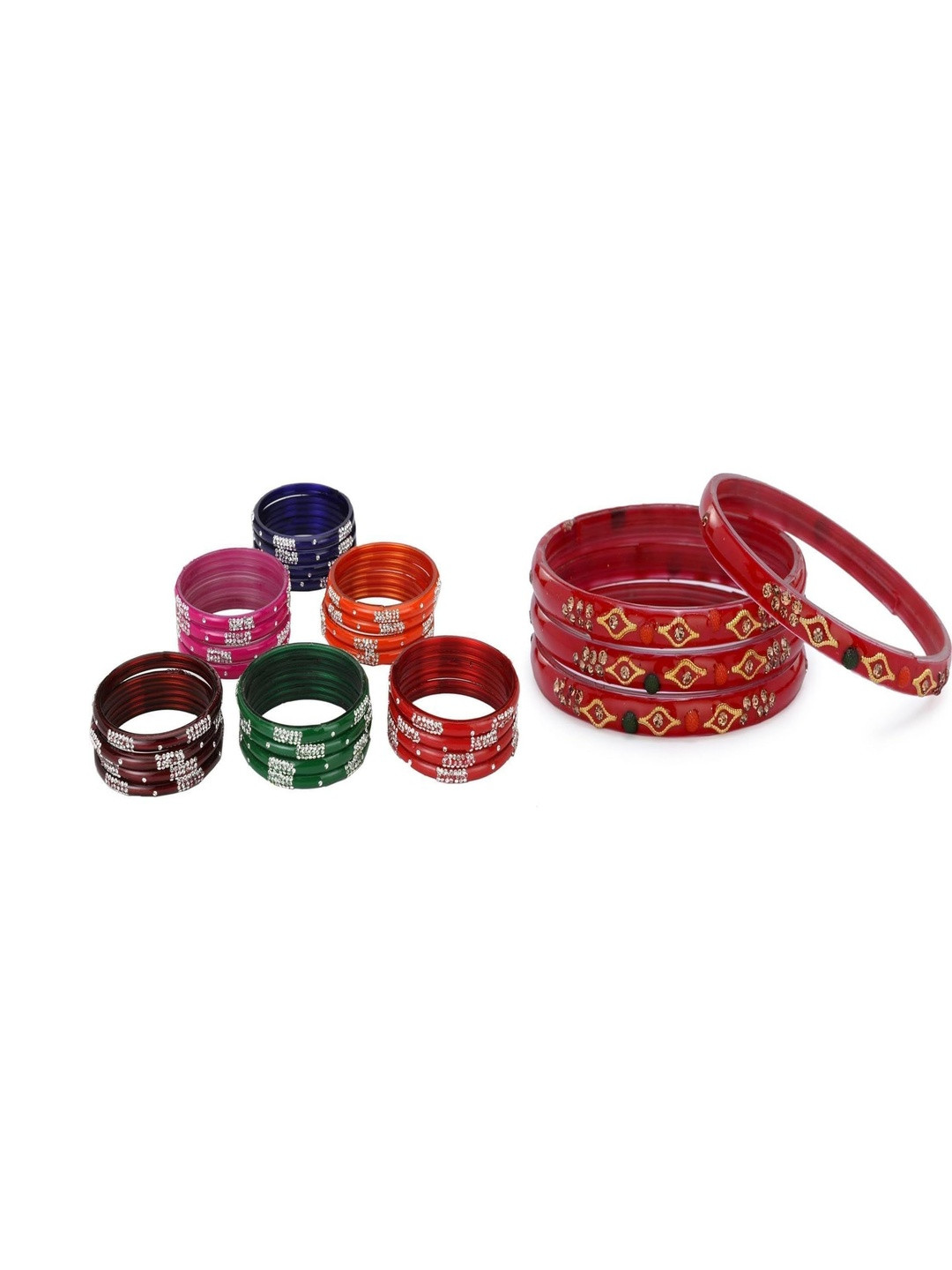 SOMIL Women Set Of 7 Multicolor & Red With White Stones Studded Bangles