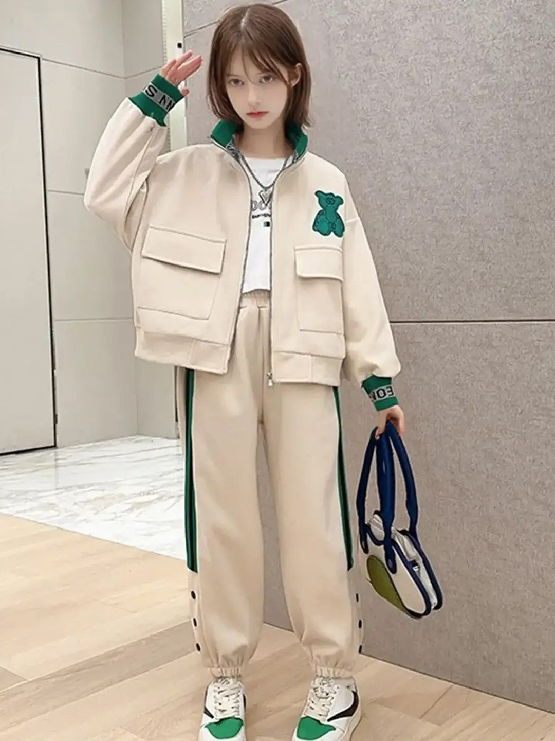 INCLUD Girls Bear Embroidered Zipper Jacket With Jogger