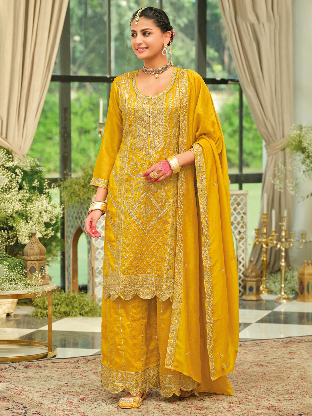 Indo Era Ethnic Motifs Embroidered Round Neck Straight Kurta With Trousers & Dupatta