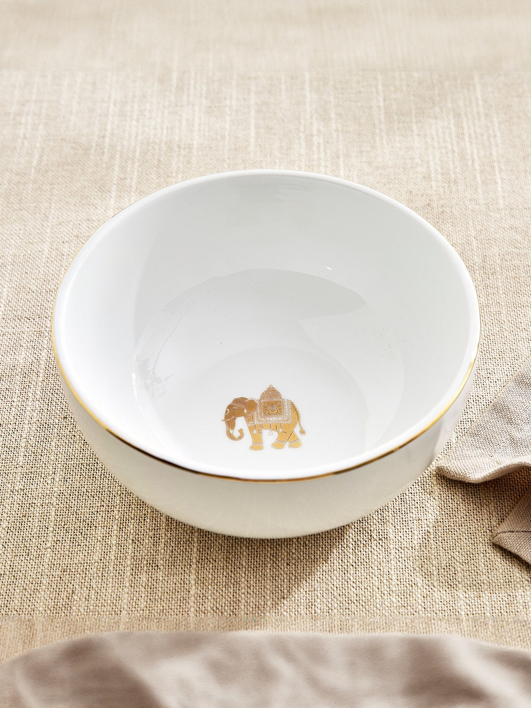 Home Centre White & Gold Toned Elephant Printed Easy to Clean Dip Bowl 600ml