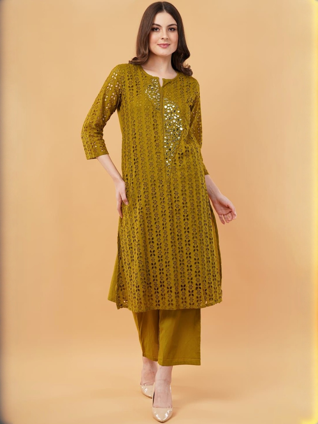 Purpple Infinity Women Ethnic Motifs Regular Mirror Work Kurta with Trousers