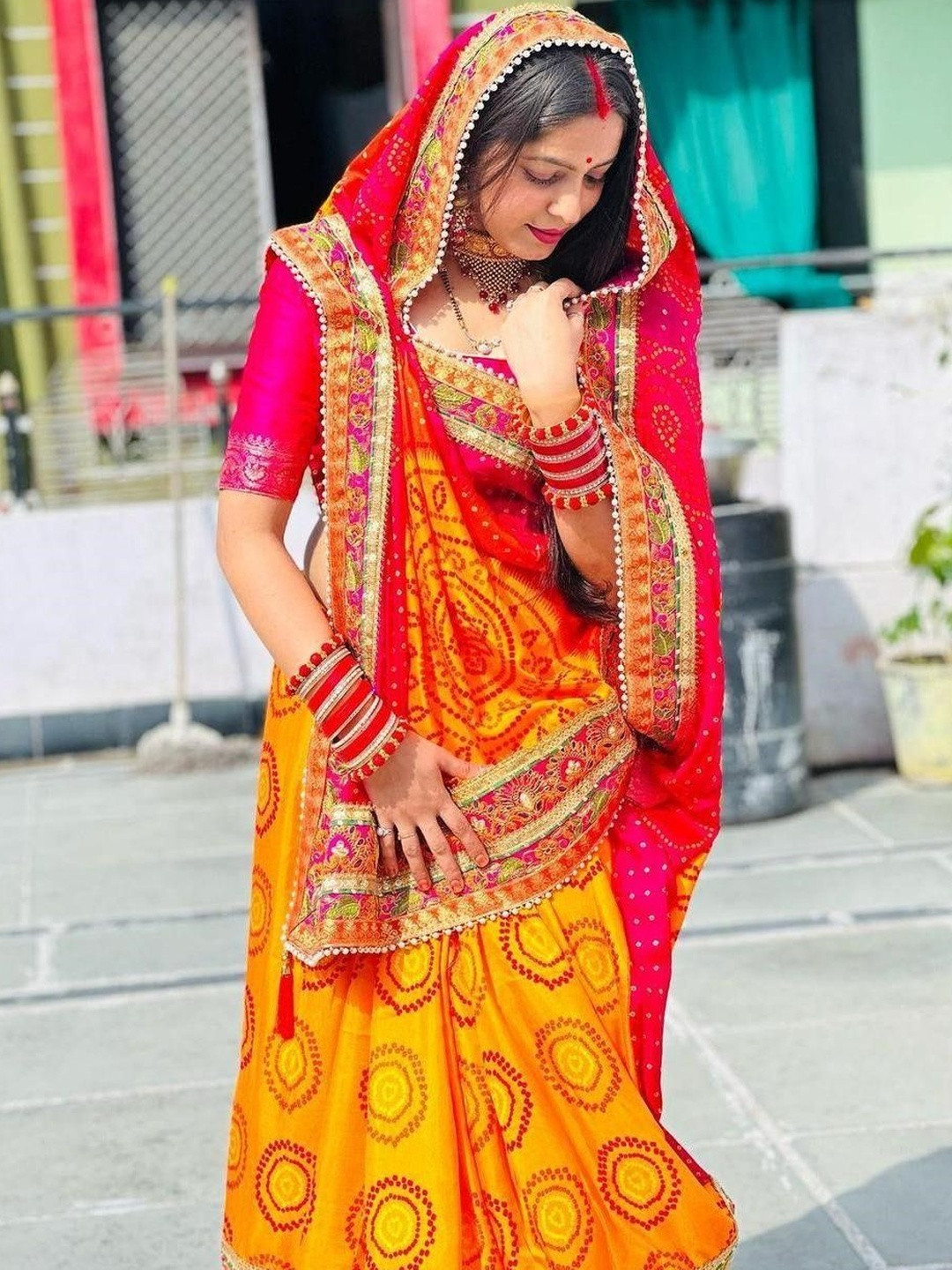 ROFOLO Bandhani Embroidered Heavy Work Saree with Blouse Piece