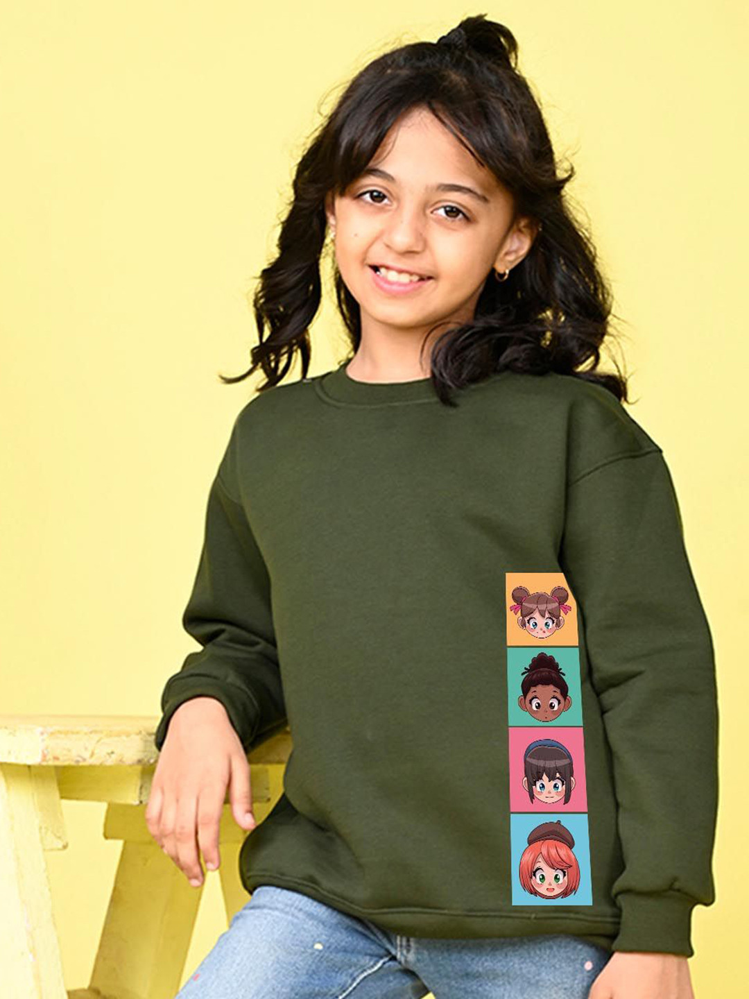 NUSYL Girls Chibi Graphic Printed Long Sleeves Oversized Fit Fleece Pullover Sweatshirt