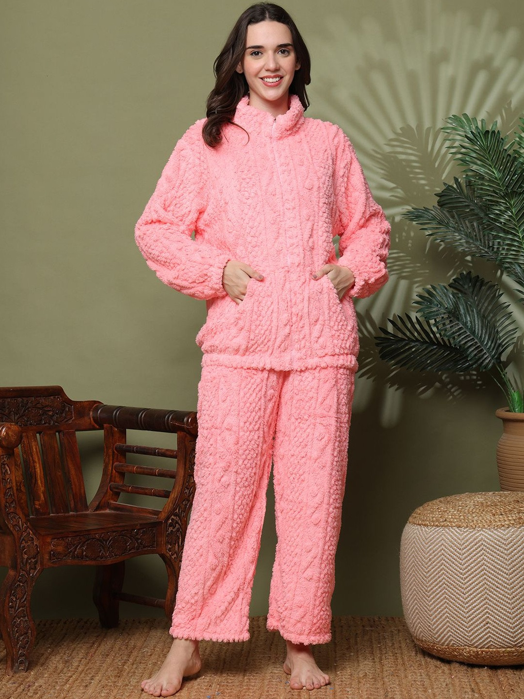 TAG 7 Women Textured Fuzzy Mock Collar Sweatshirt & Pyjama Winter Night suits