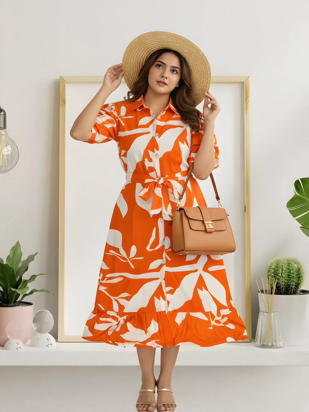 Subhan Hub Women Floral Printed Puff Sleeve Shirt Midi Dress