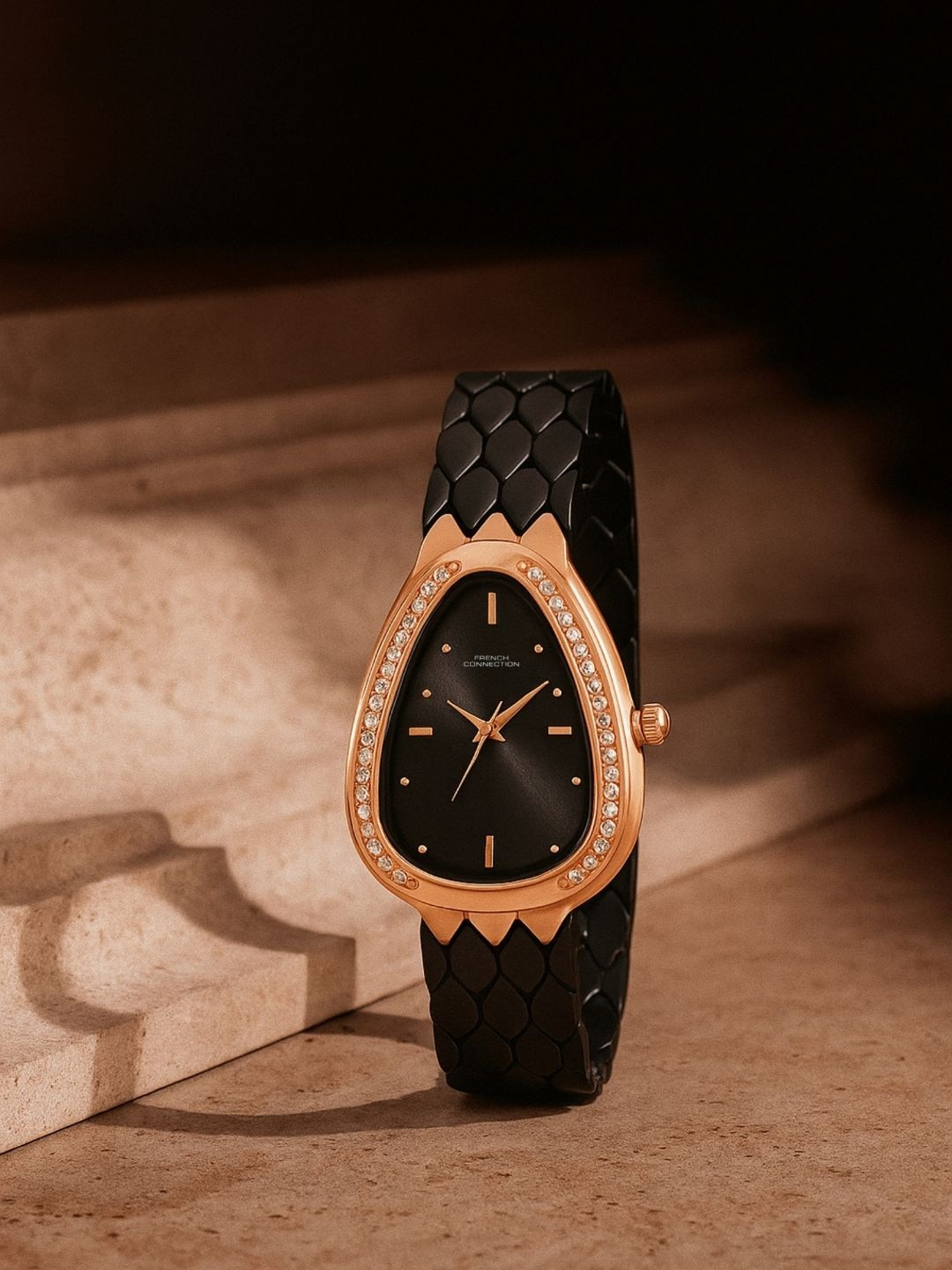 French Connection Black Sunray Analogue Artificial Stones Studded Watch FCN0165BM