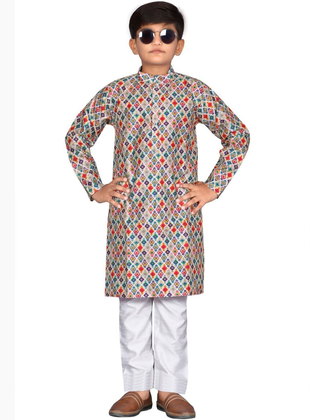BONBON KIDS Boys Printed Mandarin Collar Kurta With Pyjamas