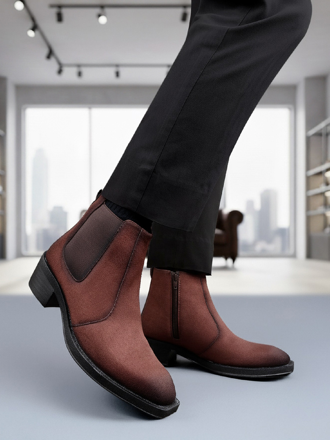 Bxxy Men Round Toe Elevator Block Heel Slip-on Regular Boots