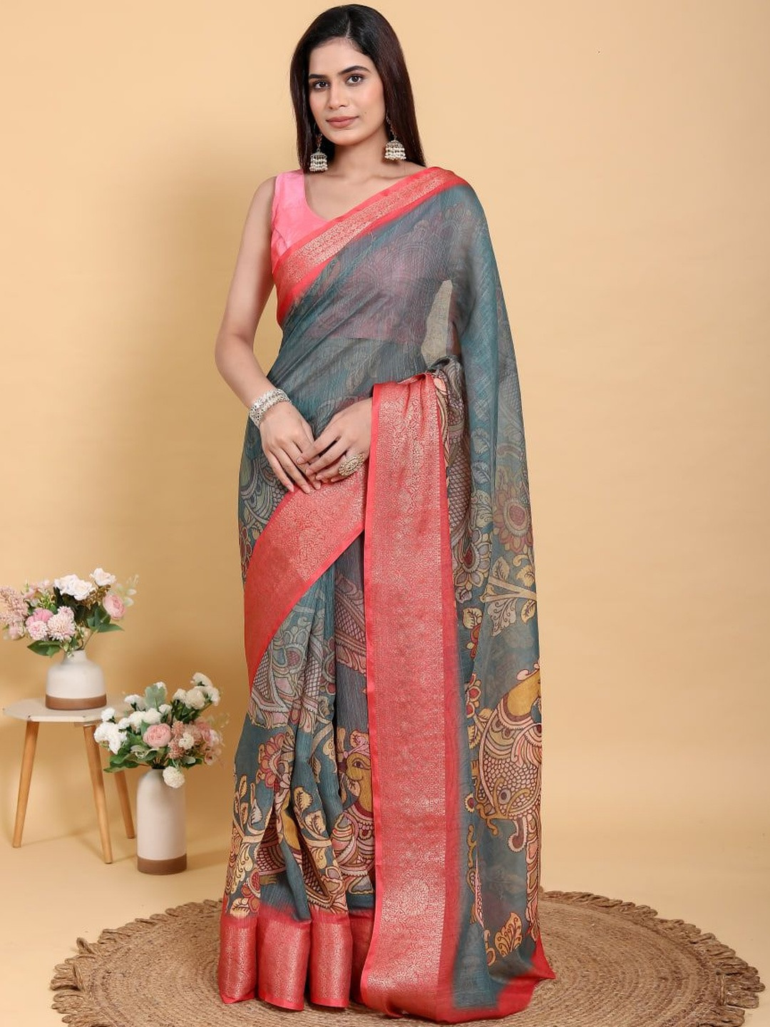 GAYATRI PATEL Ethnic Motifs Printed Woven Design Pure Linen Saree With Blouse Piece
