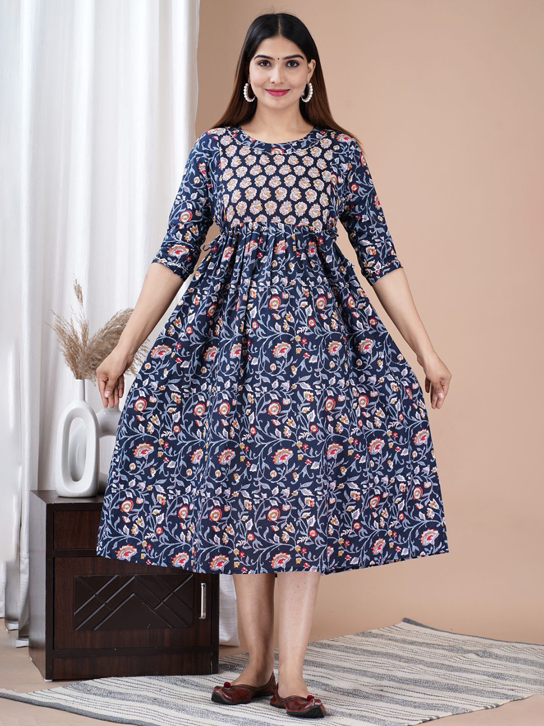 MASUN Ethnic Motifs Printed Maternity Fit & Flare Midi Dress