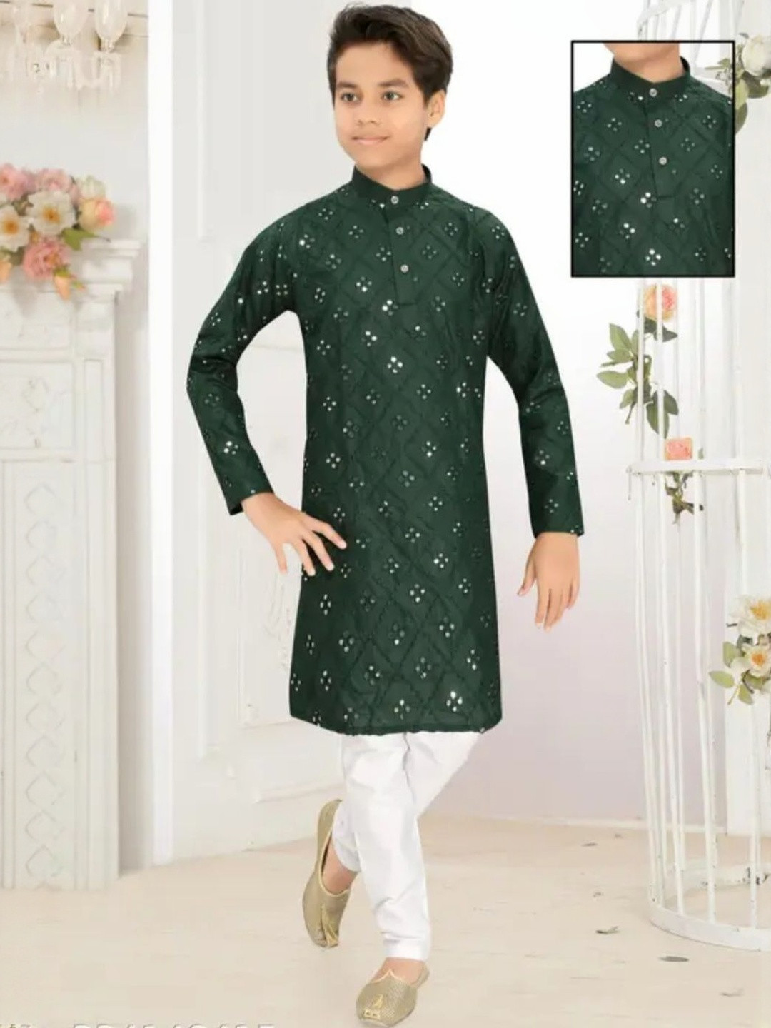 CLOTH CORNER Boys Ethnic Motifs Self Design Mirror Work Kurta With Pyjama