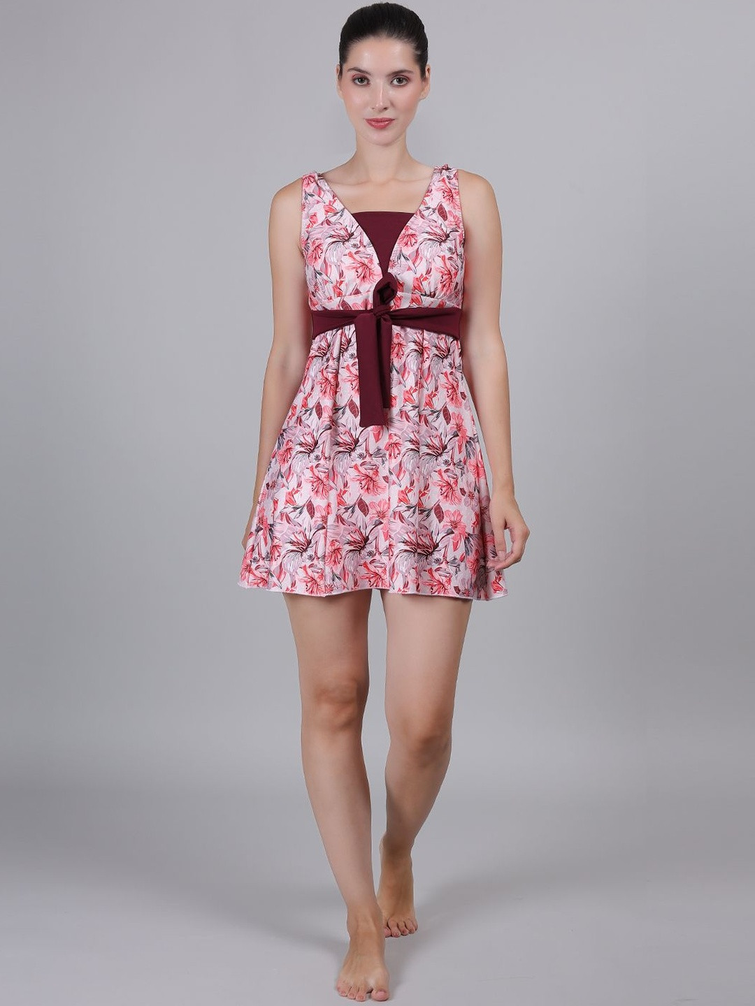 MEGASKA Printed V-Neck Front Knot Full Coverage Swimming Dress