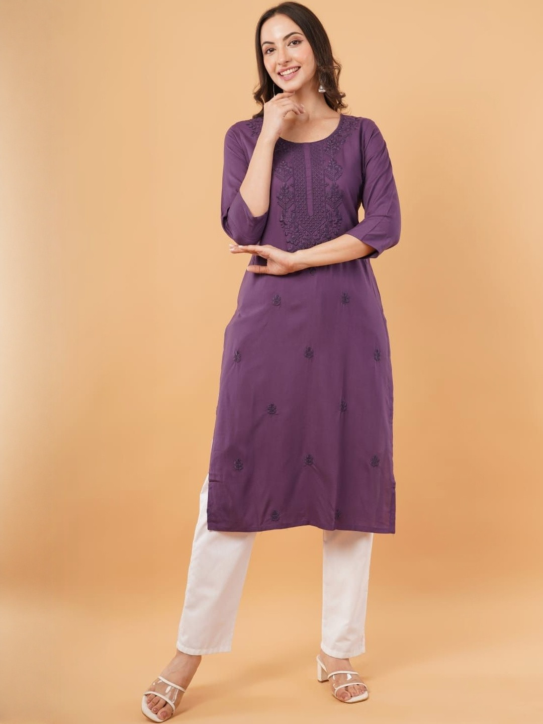 Purpple Infinity Women Purple Embroidered 3/4 Sleeve Straight Fit Ethnic Wear Kurti
