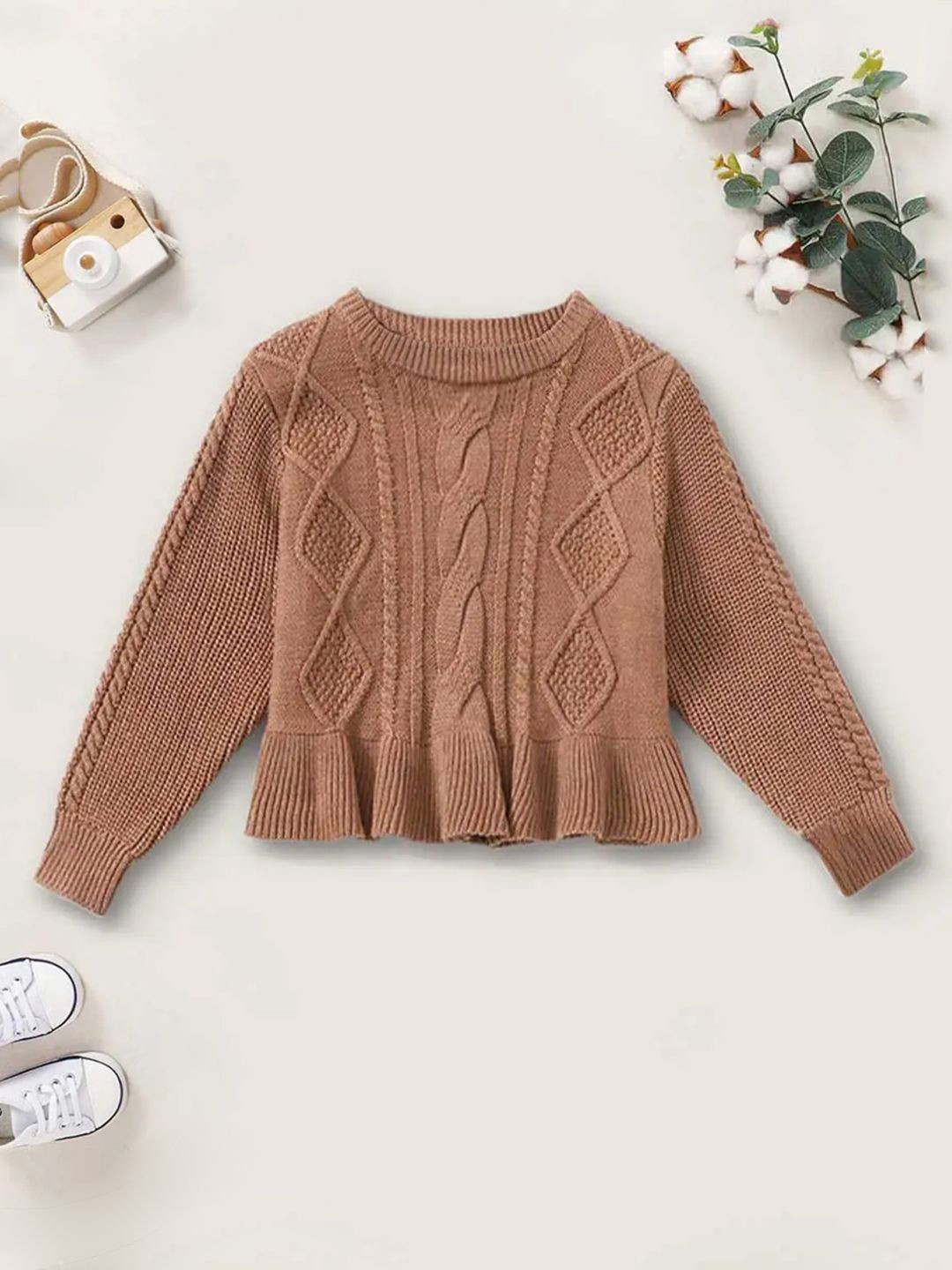 YK Girls Cable Knit Pullover Sweater With Ruffle Hem
