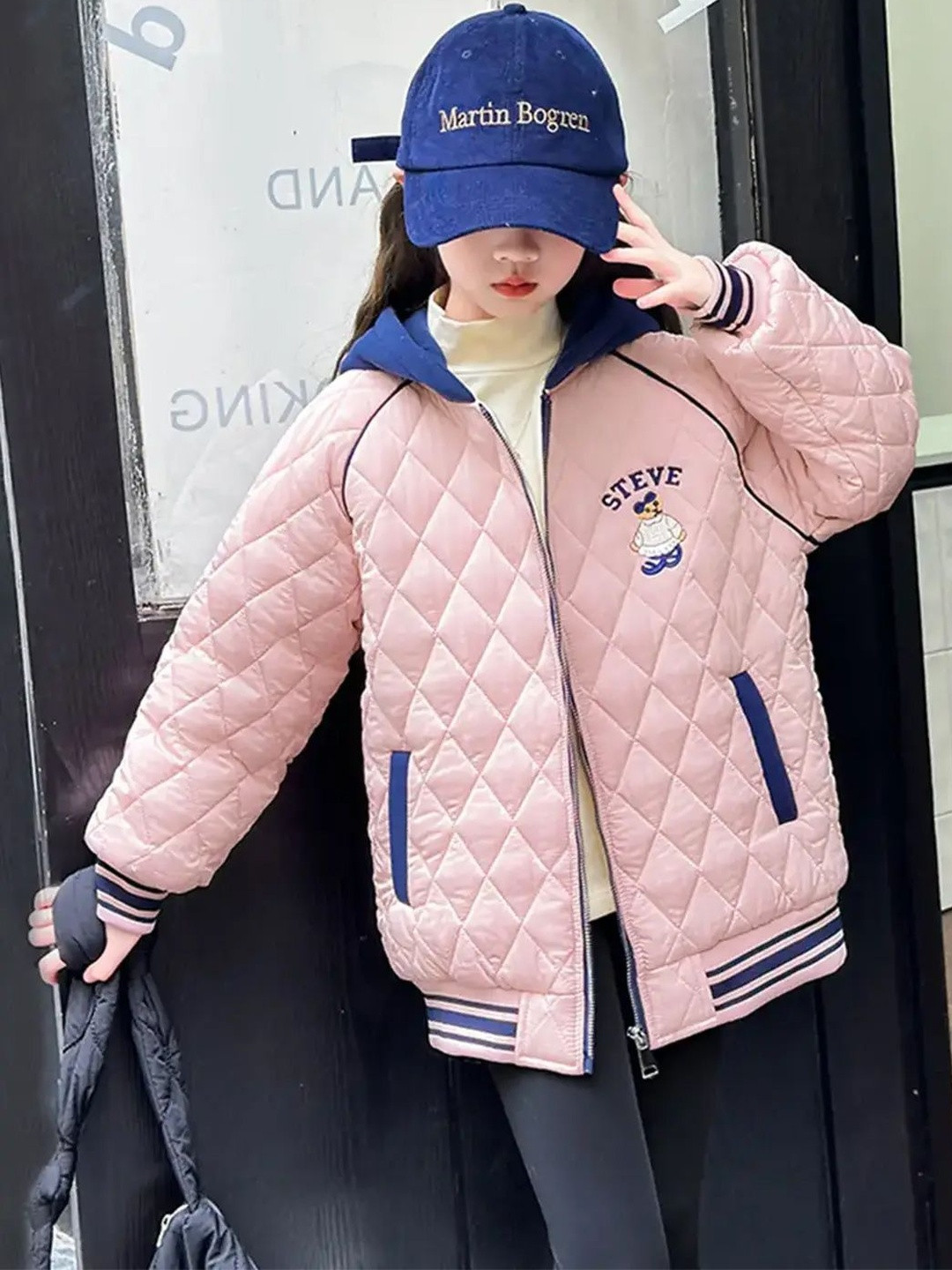 INCLUD Girls Pink Quilted Hooded Zipper jacket