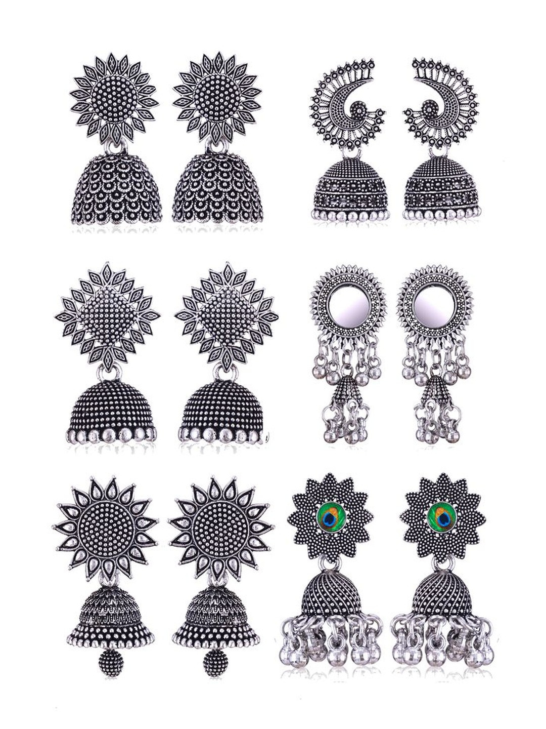 DIVASTRI Women Pair of 6 Oxidized Jhumka Silver-Plated Earrings