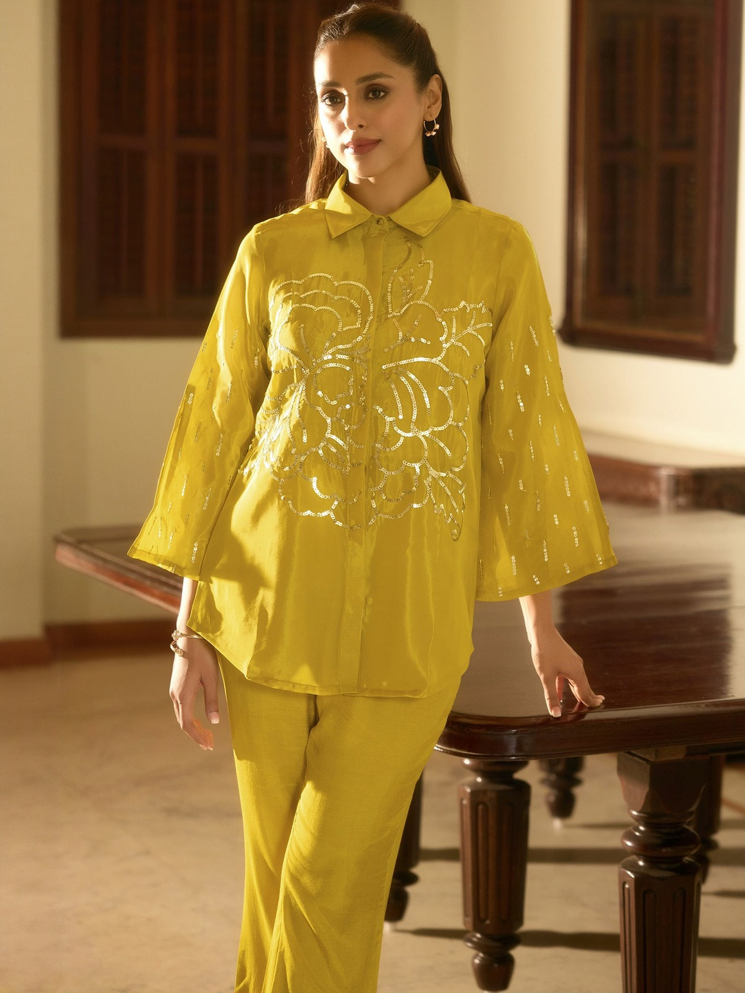 Anouk Women Yellow Embroidered Silk Blend Shirt & Trousers